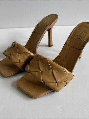 Vince Camuto Sandals 9 Tan Leather Woven Square Toe Heels Brelanie Cruise Resort